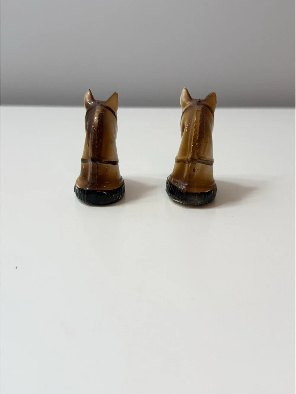 1950’s Ceramic Horse Head Salt & Pepper Shakers Tawny Brown w/Dark Brown Bridle